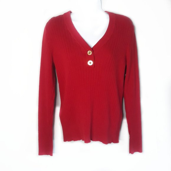 RALPH LAUREN • women's Medium red ribbed sweater v-neck Valentine's casual - Picture 1 of 6
